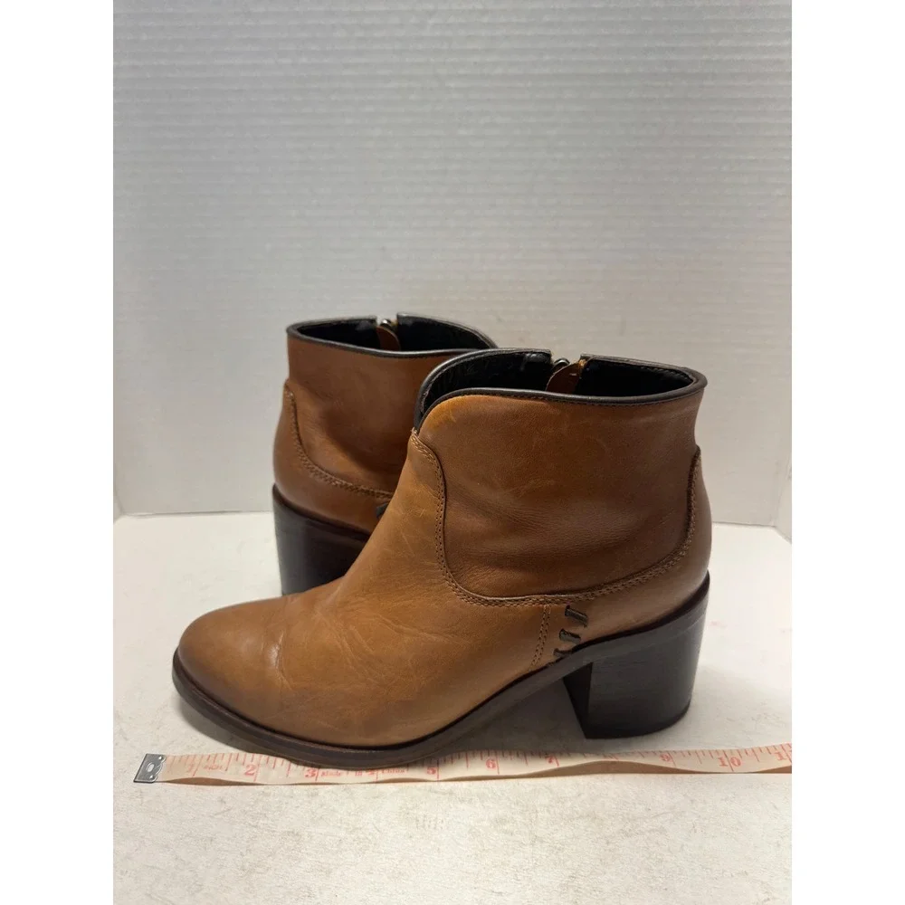 Bosi Tan Brown Leather Ankle Boots Stacked Block Heel Western Booties 38 7.5